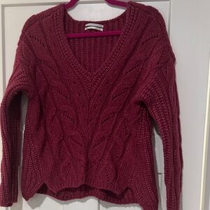 Anthropologie V-Neck Cable Knit Sweater - Burgundy